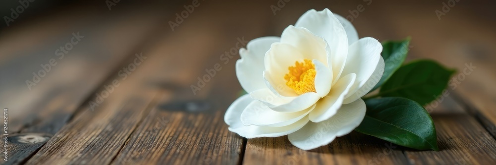 Delicate white camellia flower on a wooden table, simplicity, petals Delicate white camellia flower on a wooden table, simplicity, petals