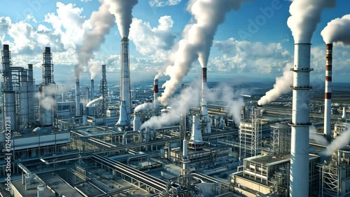 Detailed aerial view of a modern gas-fired power plant with smokestacks and gas turbine domes.
