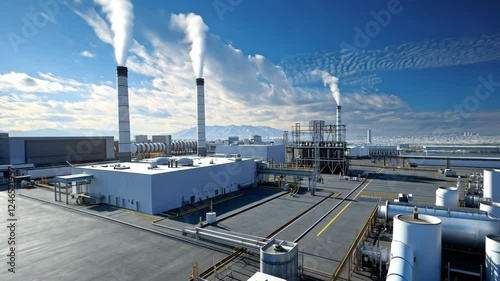 A modern gas-fired power plant, seen from above, consists of two smokestacks and three gas turbine domes.