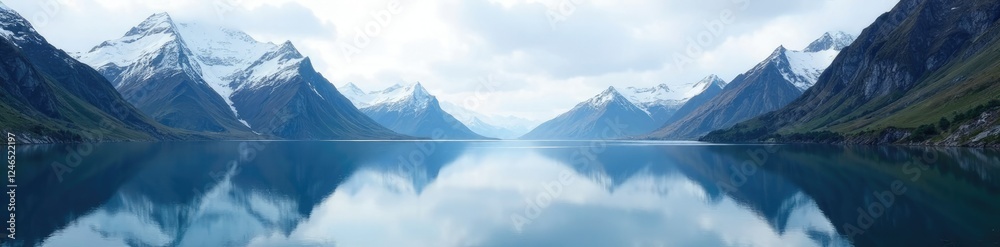 Snowy peaks reflected in calm fjord lake surface, scenery, fjords Snowy peaks reflected in calm fjord lake surface, scenery, fjords
