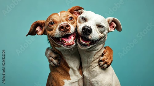 Two dogs happily cuddling