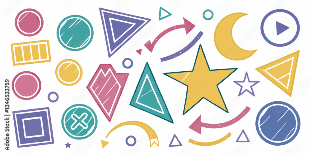 Colorful Hand-Drawn Geometric Shapes Set, Crayon Texture, Vector Illustration Colorful Hand-Drawn Geometric Shapes Set, Crayon Texture, Vector Illustration