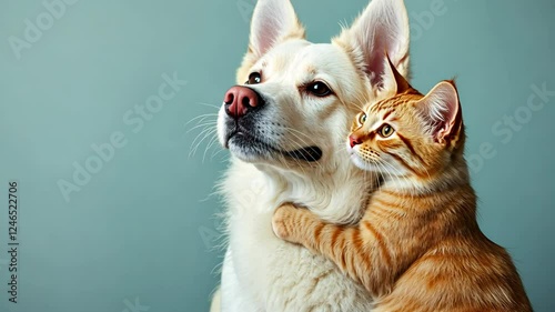 A white husky and an orange cat are hugging each other.
