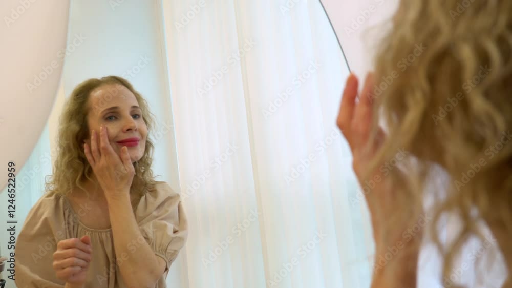 European woman gently applies facial cream along massage lines, improving skin hydration and elasticity. Focusing on self-care, she follows a precise skincare routine to maintain youthfulness European woman gently applies facial cream along massage lines, improving skin hydration and elasticity. Focusing on self-care, she follows a precise skincare routine to maintain youthfulness