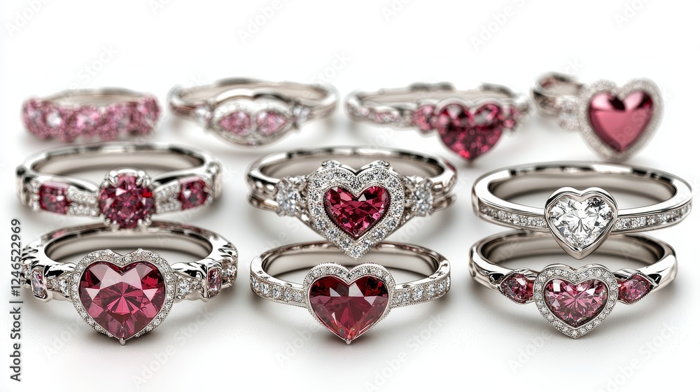 Beautifully arranged Valentines day ring collection with ruby hearts, tiny sparkling stones, and elegant engraved bands, isolated on white Beautifully arranged Valentines day ring collection with ruby hearts, tiny sparkling stones, and elegant engraved bands, isolated on white