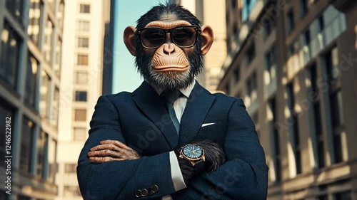 A monkey wearing sunglasses and a business suit, arms crossed and holding a watch.
