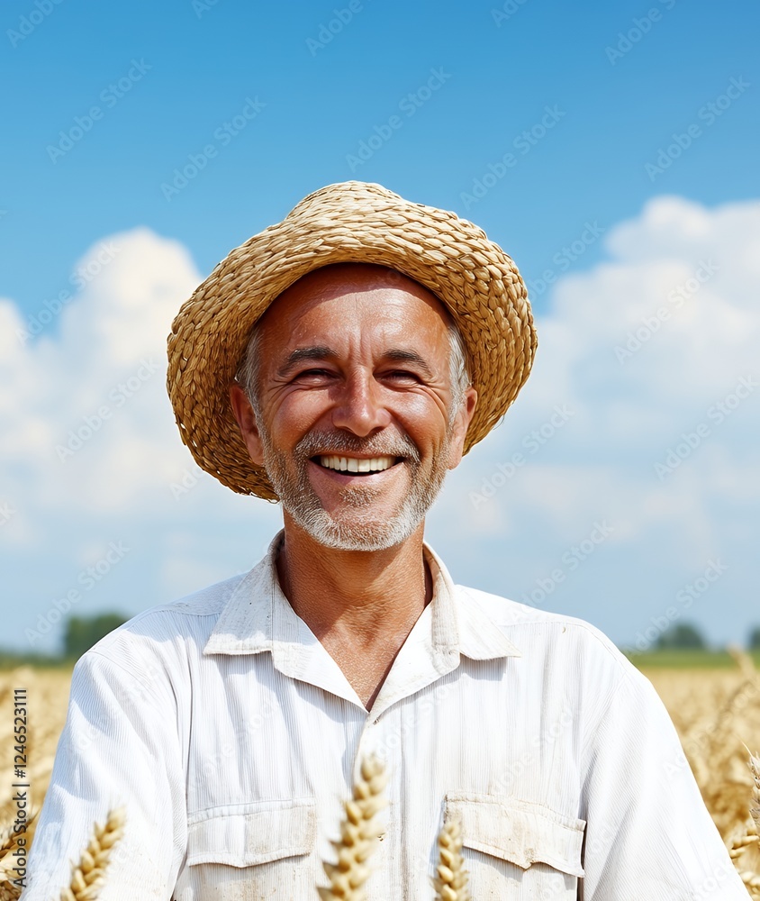Fototapeta premium A joyful farmer in a straw hat smiles broadly, standing amidst a golden wheat field under a bright blue sky