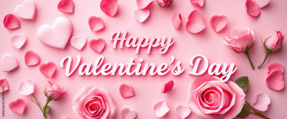 Happy Valentine Day with pink roses and heart shaped petals Happy Valentine Day with pink roses and heart shaped petals