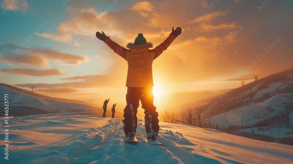 Fototapeta premium A person stands with arms raised in celebration as the sun sets against a snowy hillside. Two others are visible enjoying the winter scenery in the background, with a vibrant sky.