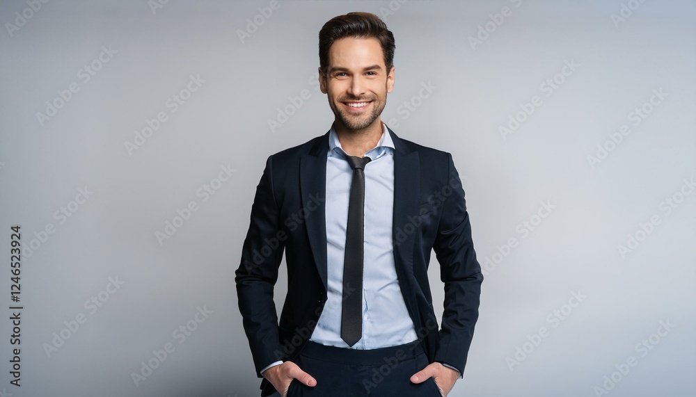 Fototapeta premium Image of happy brunette man wearing formal clothes smiling at camera with hands in pockets