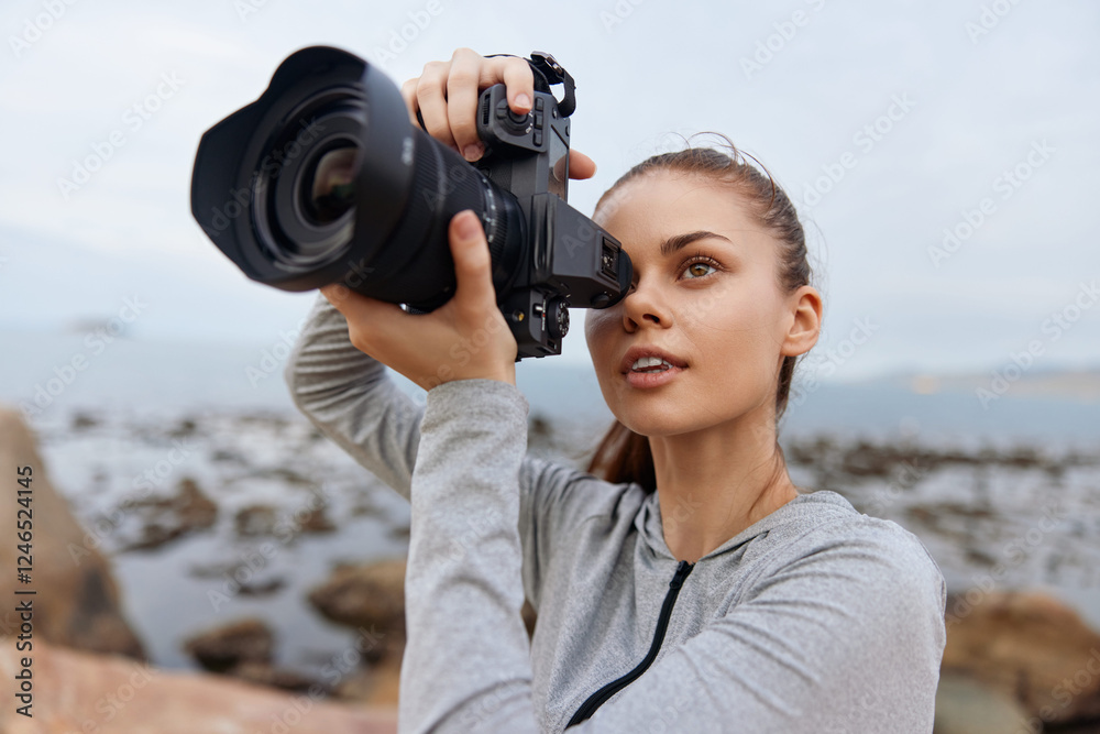 Obraz premium Young female photographer concentrating on capturing stunning outdoor shots with her DSLR camera on a rocky beach, showcasing passion and creativity