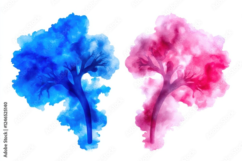 Fototapeta premium A vibrant watercolor illustration of two trees, one blue and one pink, showcasing a blend of colors and artistic flair.