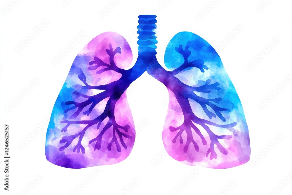 A vibrant watercolor illustration of human lungs, showcasing intricate branching patterns in shades of blue and purple.