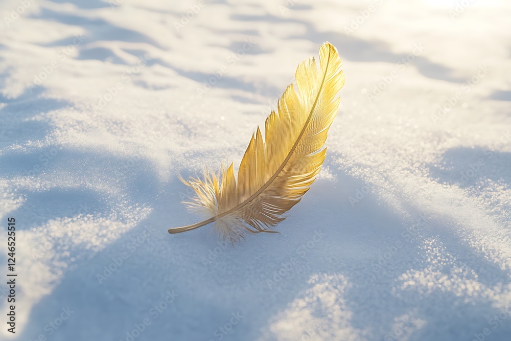 A fine golden feather floating on the surface of the soft snow A fine golden feather floating on the surface of the soft snow