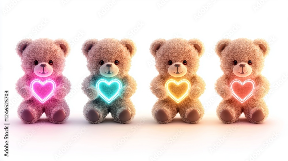 Set of cute teddy bears holding glowing neon hearts, vibrant tones, modern digital style, isolated white background Set of cute teddy bears holding glowing neon hearts, vibrant tones, modern digital style, isolated white background