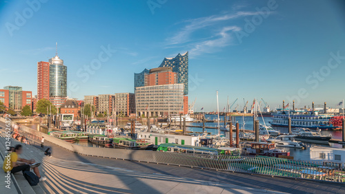 Jan Fedder Promenade timelapse hyperlapse in Hamburg, Germany, a vibrant waterfront area.
