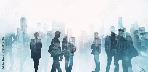 Double exposure of a diverse group of business professionals with a light blue cityscape backdrop. Abstract business concept blending urban environment with people, with soft light rays and shadow