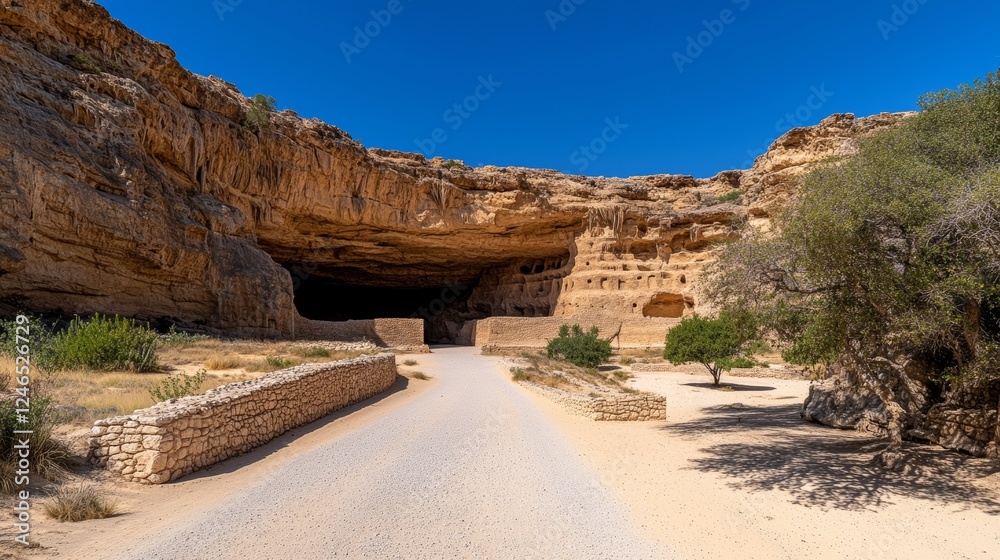 Exploring the Enigmatic Beauty of a Dirt Road Encased by a Majestic Rock Wall Leading to an Intriguing Small Cave Exploring the Enigmatic Beauty of a Dirt Road Encased by a Majestic Rock Wall Leading to an Intriguing Small Cave