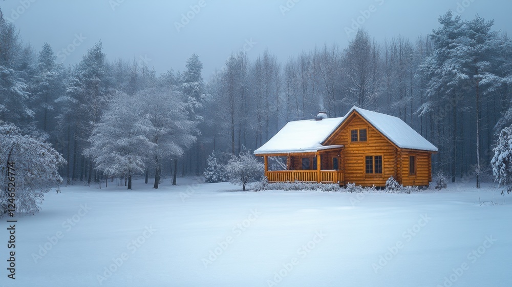 Snow-covered cabin surrounded by pine trees Snow-covered cabin surrounded by pine trees