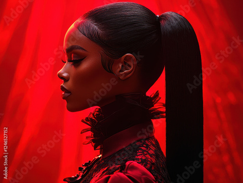 Woman with striking black and red ombre hairstyle poses against vibrant red backdrop in a cinematic style