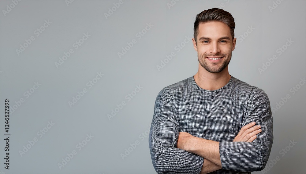 Portrait of handsome smiling young man with folded arms. Smiling joyful cheerful men with crossed hands studio shot. Isolated on gray background Portrait of handsome smiling young man with folded arms. Smiling joyful cheerful men with crossed hands studio shot. Isolated on gray background