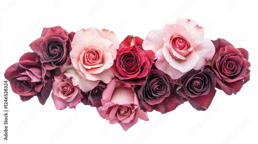 Obraz premium Romantic set of freshly cut red and pink roses with dewdrops on their petals, arranged in a heart shape, isolated on a pure white background