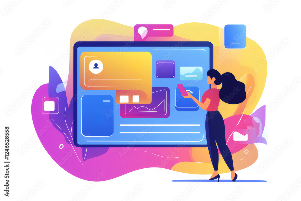 Social media manager scheduling posts, creating content and analyzing performance using a software on a big screen Social media manager scheduling posts, creating content and analyzing performance using a software on a big screen