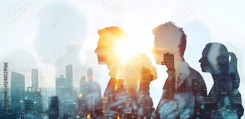 Double exposure of a diverse group of business professionals with a light blue cityscape backdrop. Abstract business concept blending urban environment with people, with soft light rays and shadow
