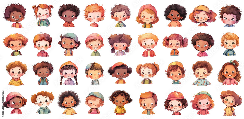 Collection of watercolor happy cartoon kids faces clipart, smiling children faces, boys and girls portrait, isolated characters Collection of watercolor happy cartoon kids faces clipart, smiling children faces, boys and girls portrait, isolated characters