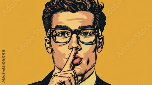 A young man wearing glasses and a suit, his mouth open and his finger raised to his lips as if sharing a secret or telling someone to be quiet.