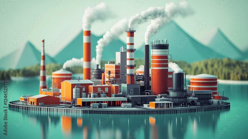 Obraz premium vibrant industrial complex with smokestacks and water