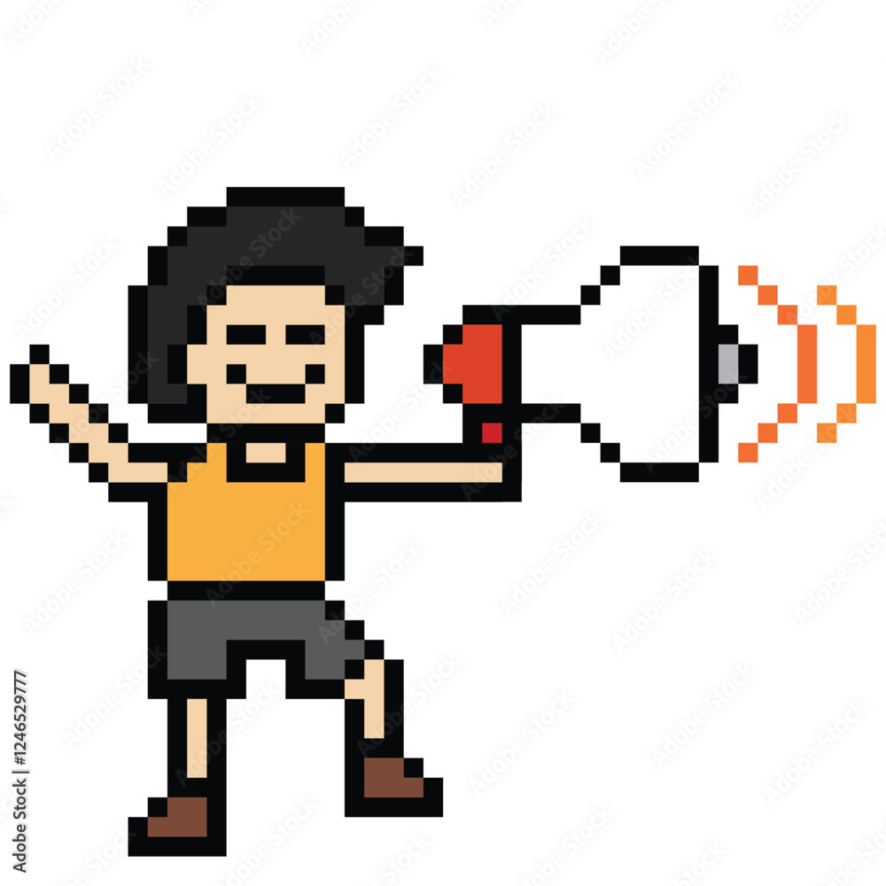 Obraz premium Cute pixel cartoon character man with megaphone announcement speaker information announce decoration 8 bit male boy megaphone cartoon pixel game png vector.