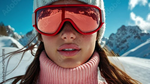 Model in red ski goggles, white knit hat and pastel pink turtleneck sweater.