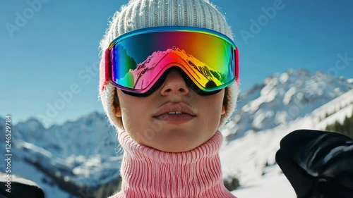 Model in red ski goggles, white knit hat and pastel pink turtleneck sweater.