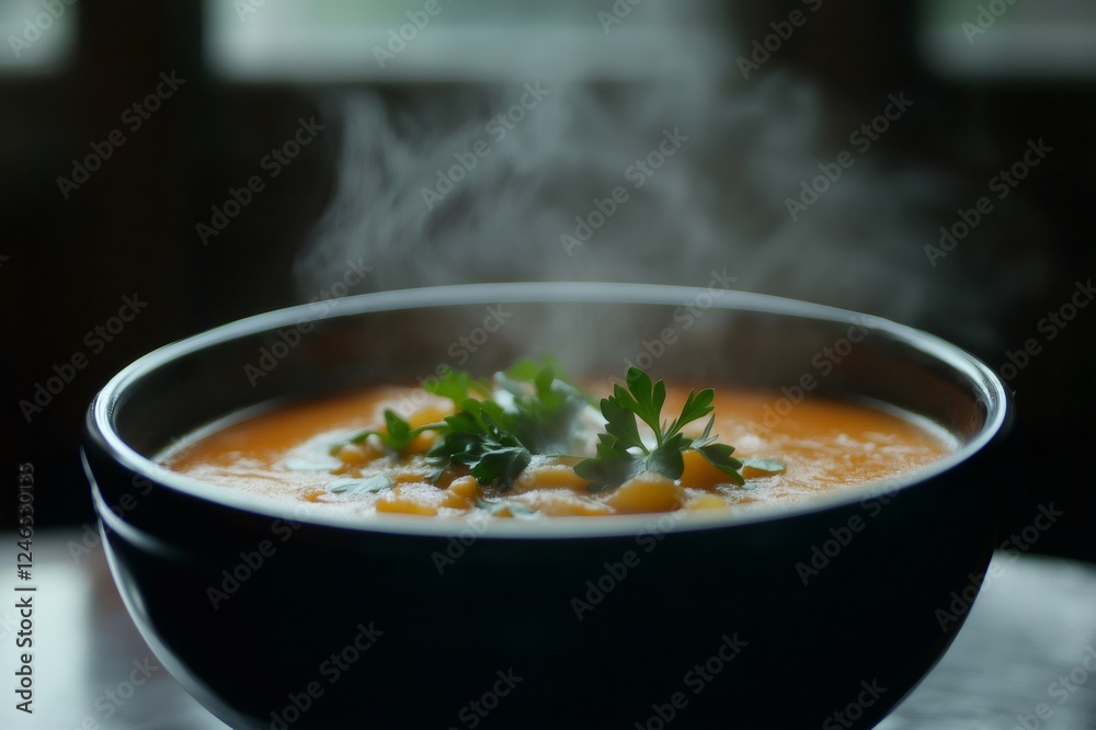 Close up of a steaming bowl of creamy potato soup, garnished with fresh parsley, offering a comforting and flavorful culinary experience Close up of a steaming bowl of creamy potato soup, garnished with fresh parsley, offering a comforting and flavorful culinary experience