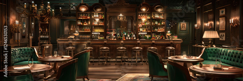 Vintage-style speakeasy bar with retro furniture and warm Edison lighting, highlighting a row of premium spirits