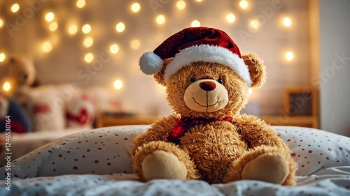 Teddy bear wearing a cheerful Christmas hat