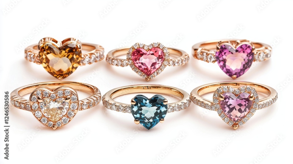 Set of assorted Valentines rings featuring heart-shaped gemstones, rose gold bands, and delicate diamond accents, isolated on a white background