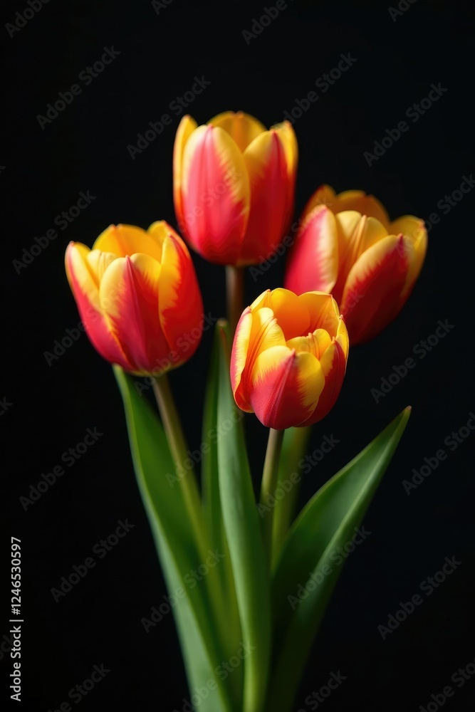 Obraz premium delicate tulips in shades of red and yellow against a dark background, black backdrop, centerpieces