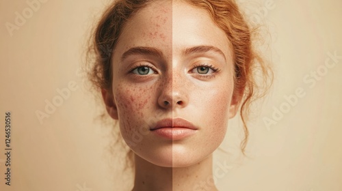 Split face comparison highlights acne and smooth skin for skincare analysis and discussion. Generative AI