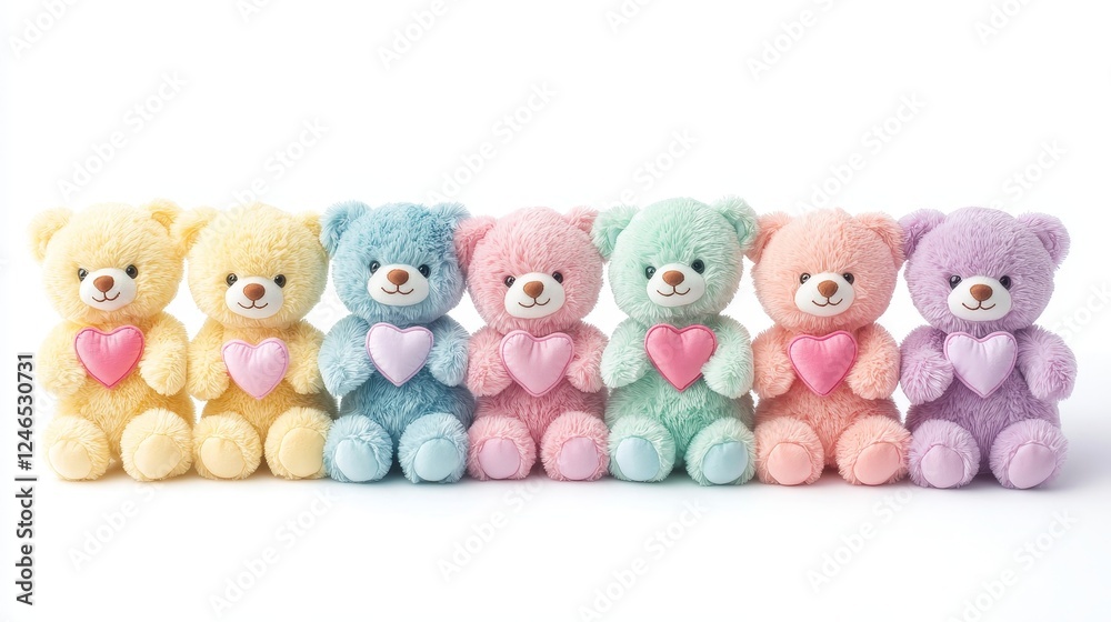 Set of assorted Valentines teddy bears in soft pastel colors, each holding heart-shaped plush toys, isolated on a white background Set of assorted Valentines teddy bears in soft pastel colors, each holding heart-shaped plush toys, isolated on a white background