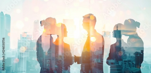 Double exposure of a diverse group of business professionals with a light blue cityscape backdrop. Abstract business concept blending urban environment with people, with soft light rays and shadow