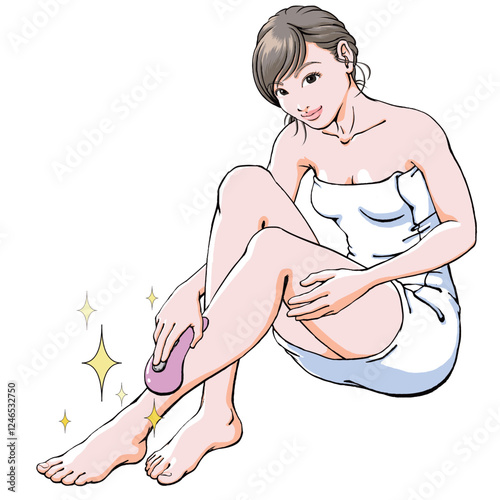 バスタオル巻き姿でセルフ脱毛する若い女性_美脚.eps