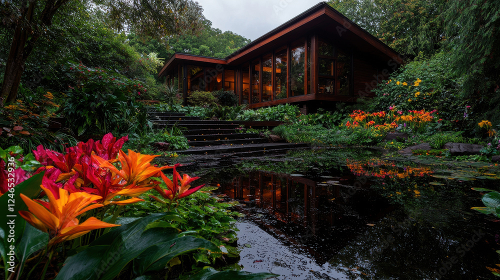 serene garden scene featuring modern house surrounded by vibrant flowers and lush greenery, reflecting tranquility and harmony with nature serene garden scene featuring modern house surrounded by vibrant flowers and lush greenery, reflecting tranquility and harmony with nature