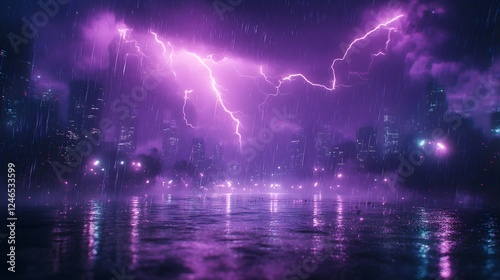 Dark and Stormy Cityscape with Lightning and Fire in the Streets photo