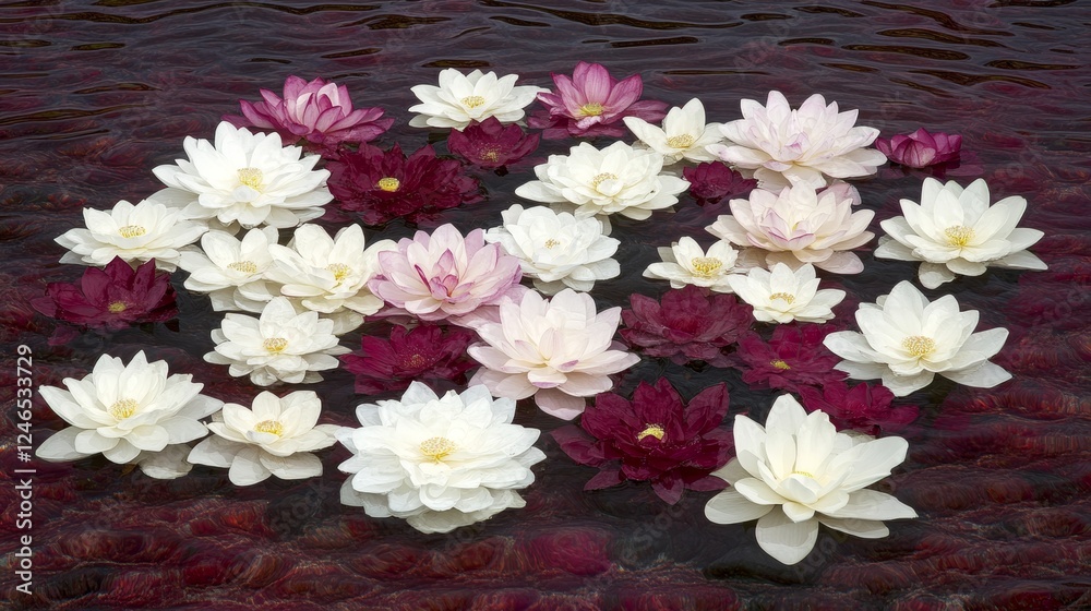Fototapeta premium Water Lilies Floating on Dark Red Water Surface