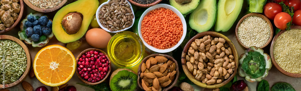 Fototapeta premium A banner showcasing a collection of fruits, nuts, seeds on a light background. The arrangement highlights the vibrant colors and textures of the avocados, oranges, and various seeds and nuts