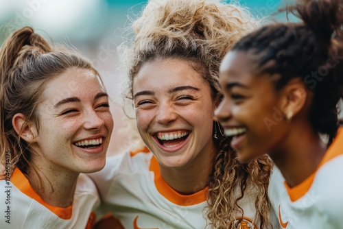 Celebration of female soccer team after scoring goal, showcasing joy and teamwork among players. Their smiles reflect excitement of moment