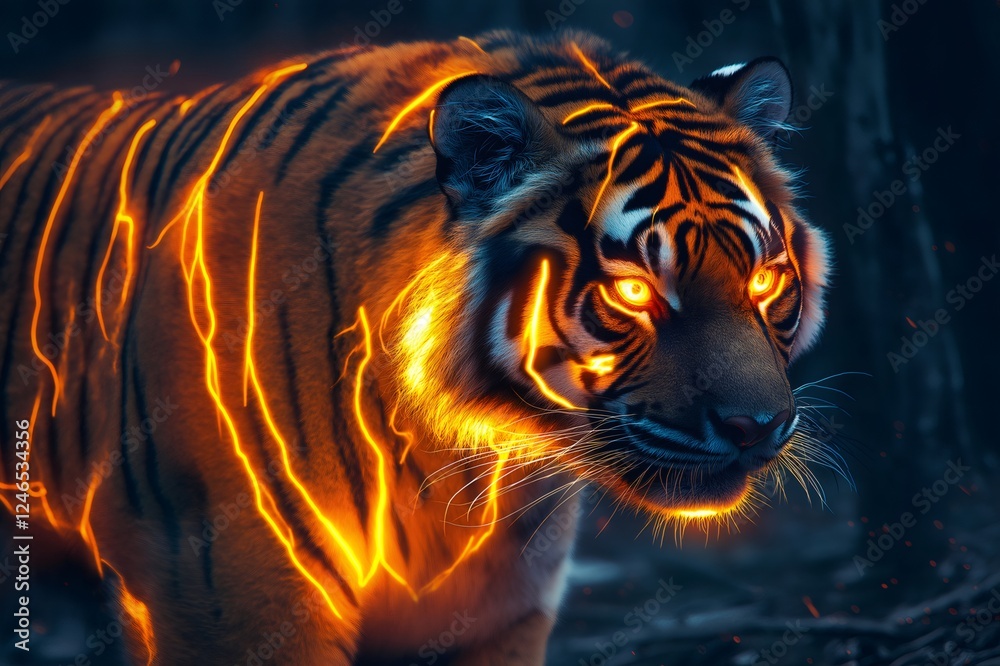 Powerful tiger emerging from the shadows with glowing stripes, creating a captivating and surreal atmosphere Powerful tiger emerging from the shadows with glowing stripes, creating a captivating and surreal atmosphere