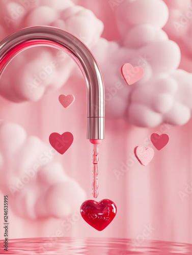 Heart-shaped droplet falling from a metallic faucet